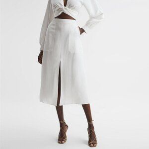 Reiss Axelle White Linen Midi Skirt Front Slit A-Line Size 6